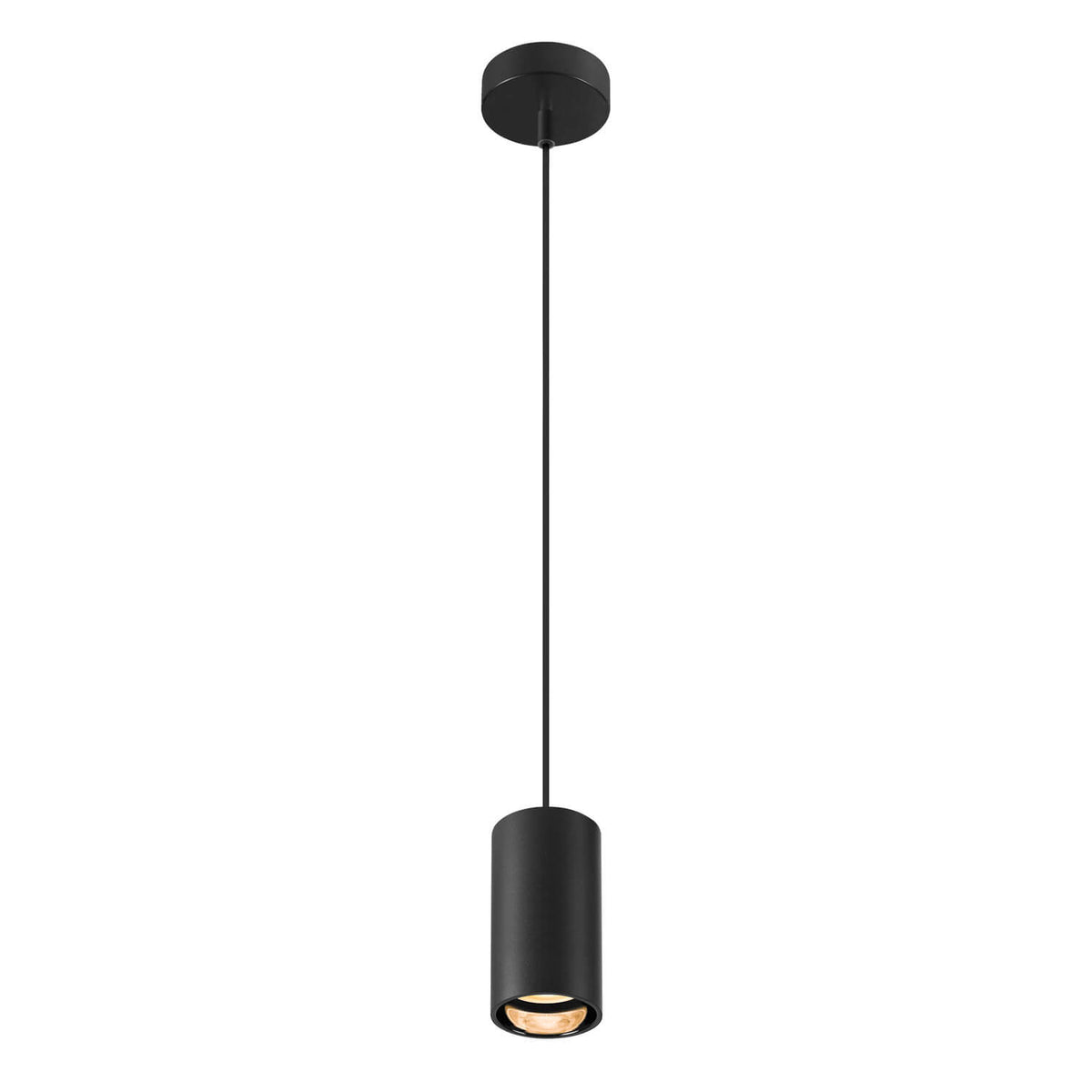 Vue produit verticale du luminaire noir, mettant en évidence le cylindre et la rosace