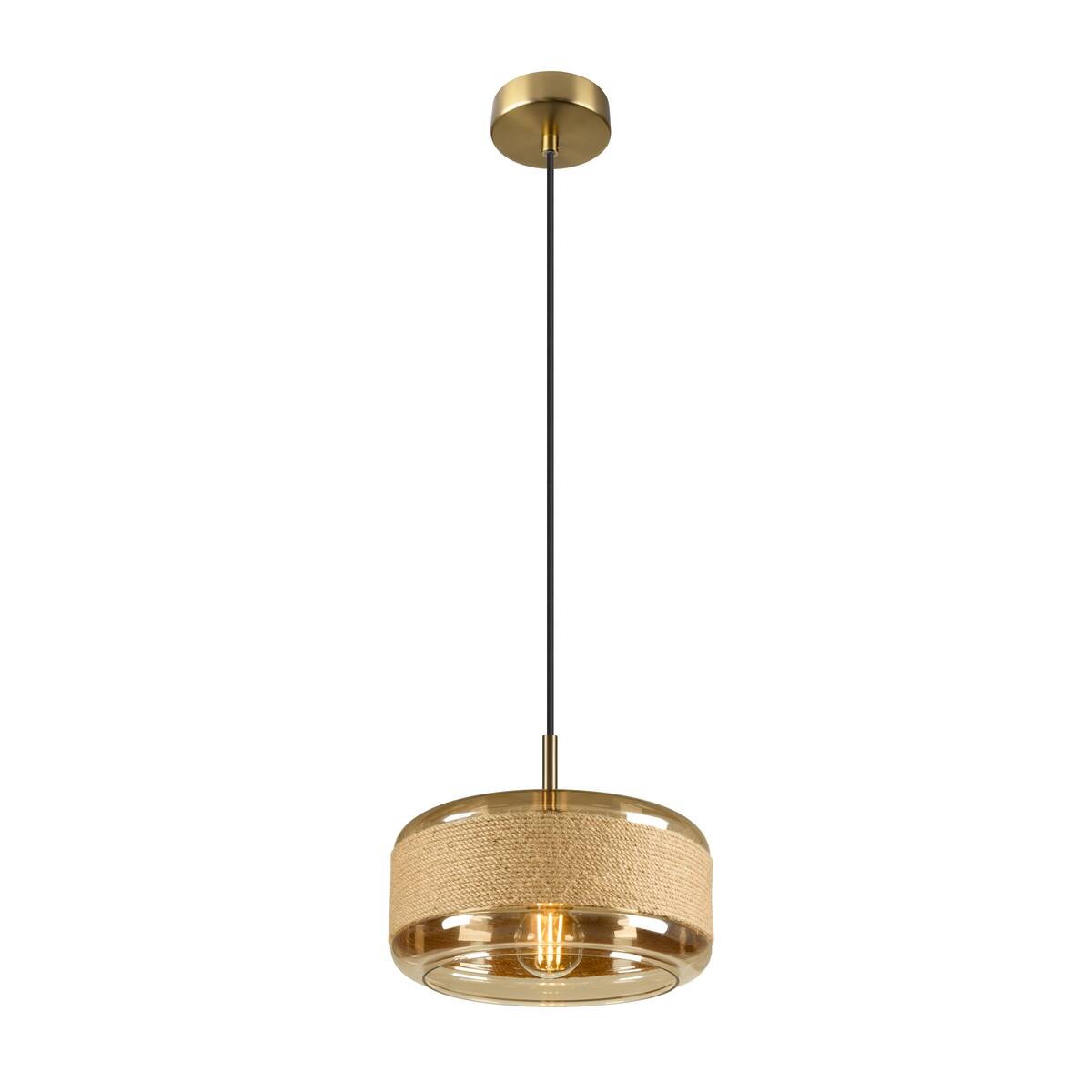 Vue de face du luminaire allumé, verre ambré transparent et ampoule visible sous la corde.