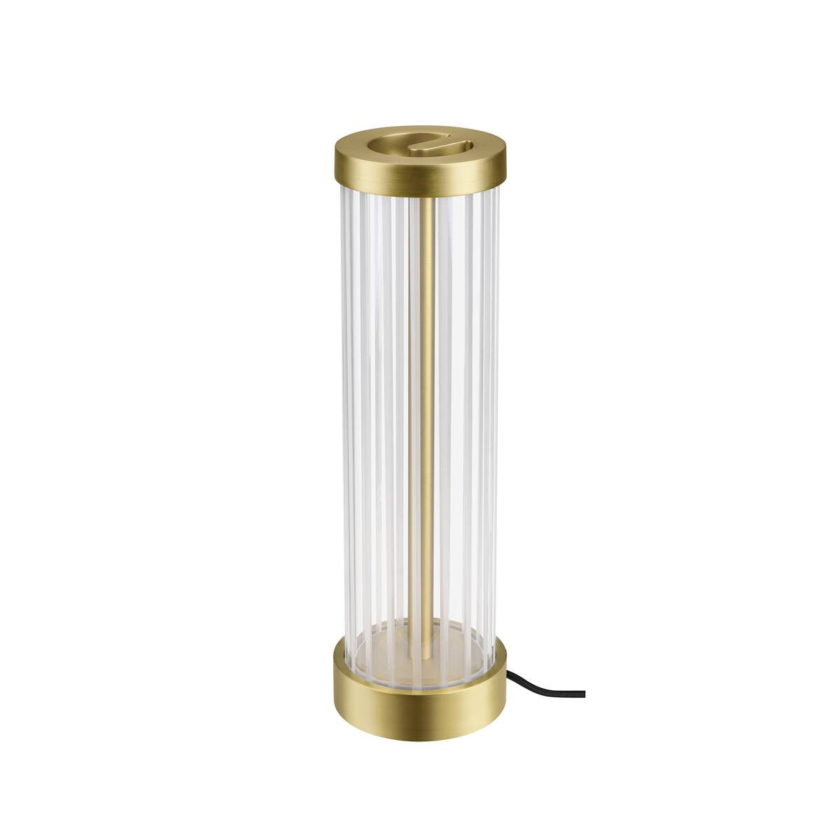Lampe présentée de trois quarts, montrant le cylindre en verre et la base dorée.