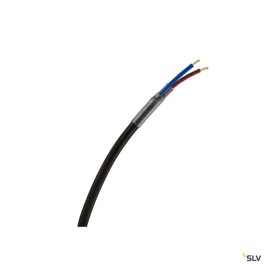 Détail du câble électrique dénudé avec fils bleu et brun apparents.