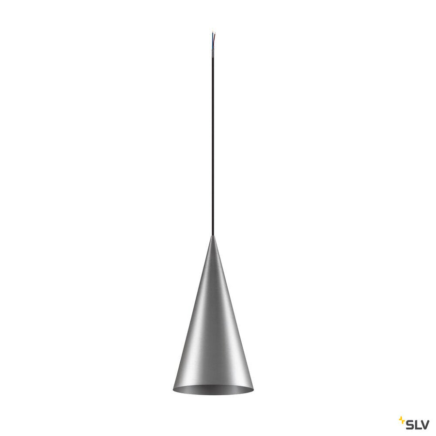 Silhouette effilée de la suspension conique en aluminium brossé, câble fin.