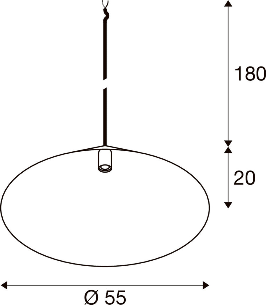 Schéma de dimensions avec diamètre 55 cm, hauteur 20 cm et câble 180 cm.