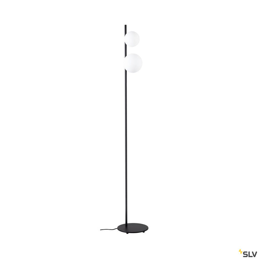 Vue entière du lampadaire avec globes blancs éteints, tige noire et câble au sol.