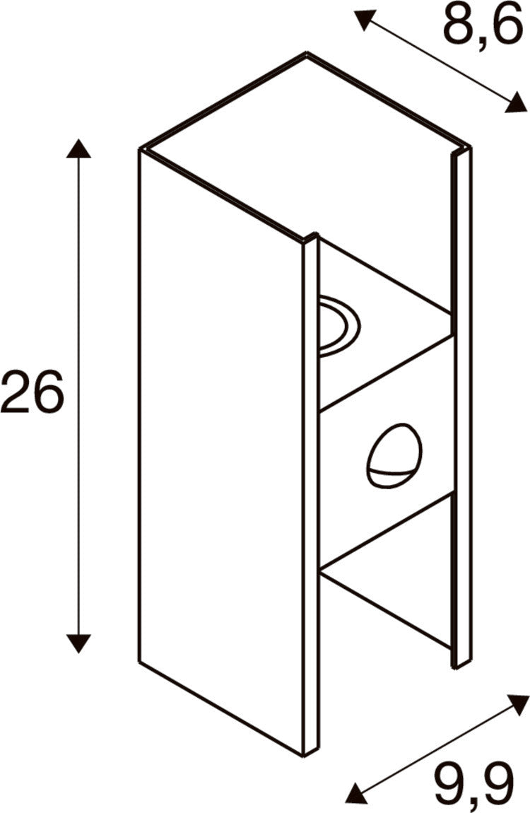 Schéma coté du luminaire avec hauteur 26 cm, largeur 8,6 cm et profondeur 9,9 cm.