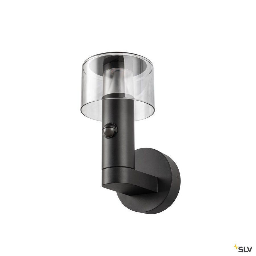 Vue de trois quarts de l’applique noire, verre transparent et support mural circulaire sans éclairage visible.