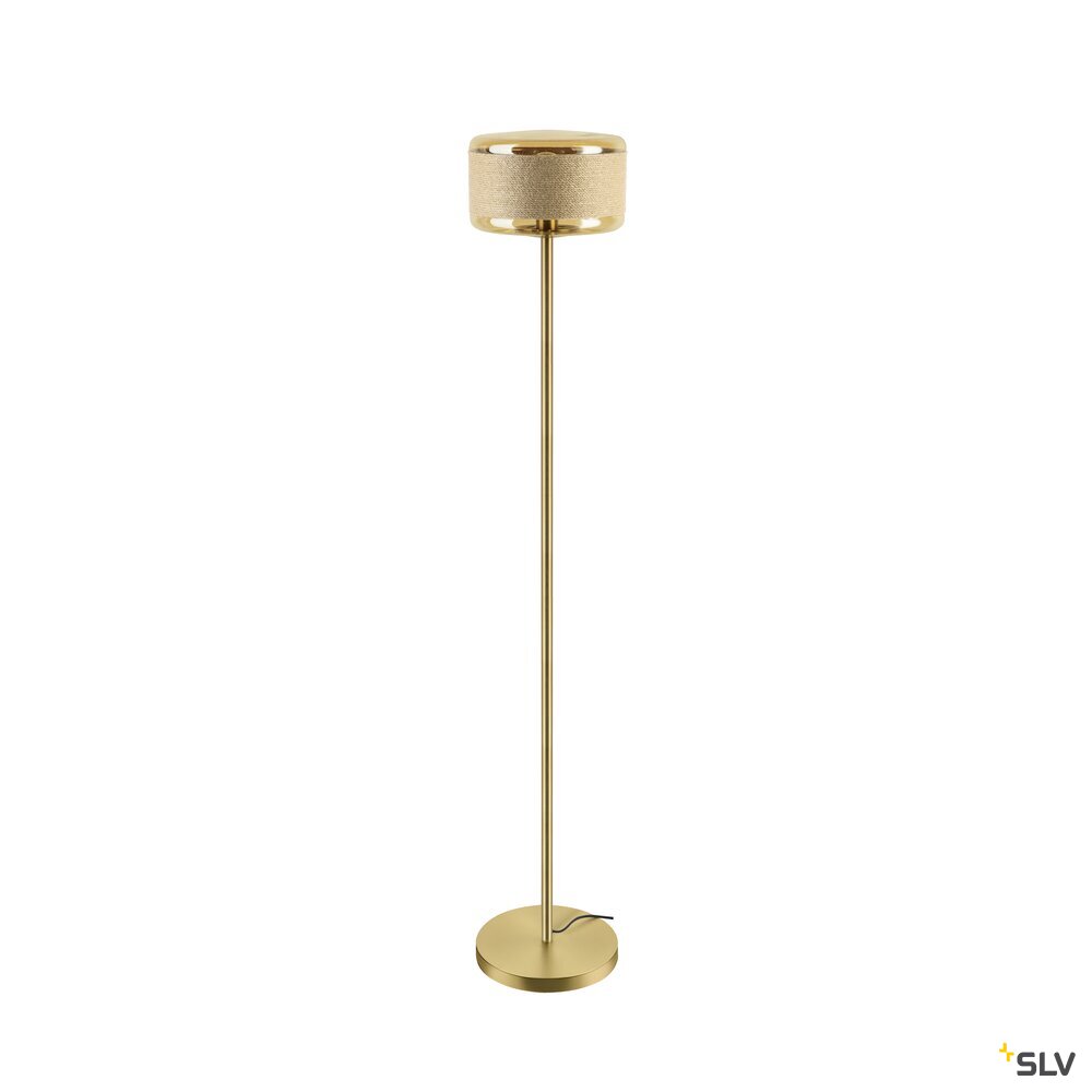 Vue produit entière du lampadaire doré sur fond blanc, pied fin et base circulaire.