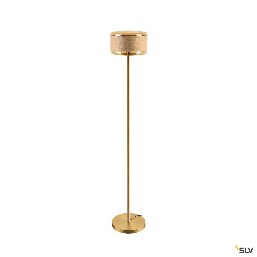 Vue produit entière du lampadaire doré sur fond blanc, pied fin et base circulaire.