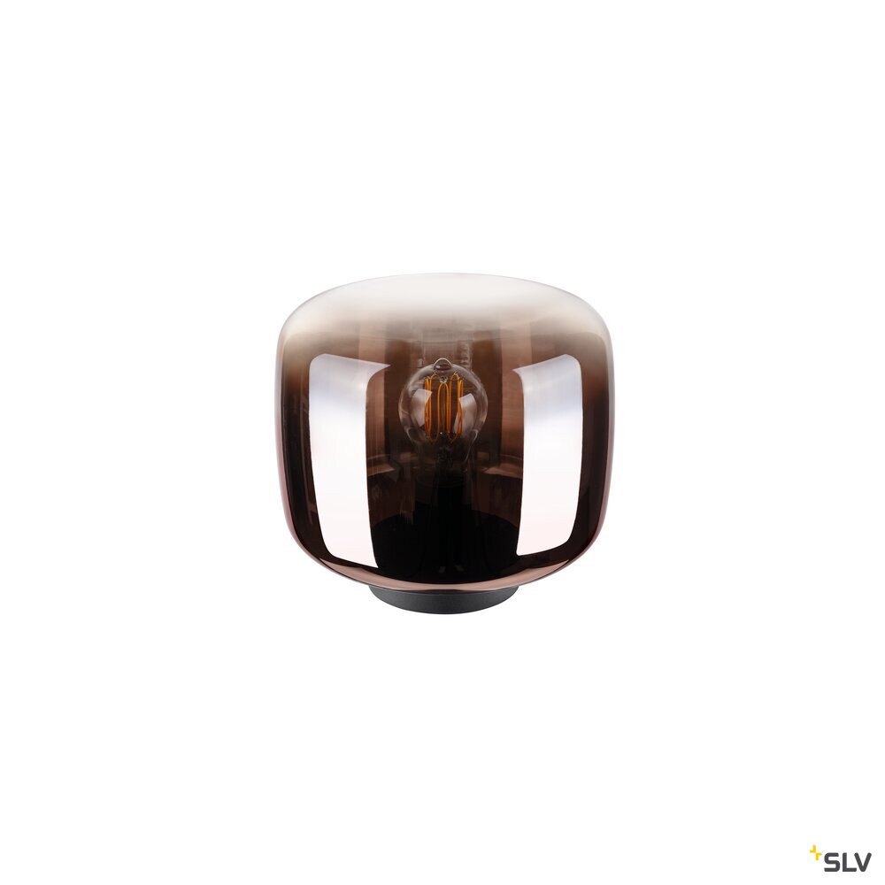 Vue rapprochée du globe cuivré avec l'ampoule à filament centrale.