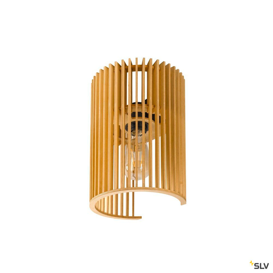 Vue de face de l'applique à lamelles dorées avec ampoule visible à travers la grille.