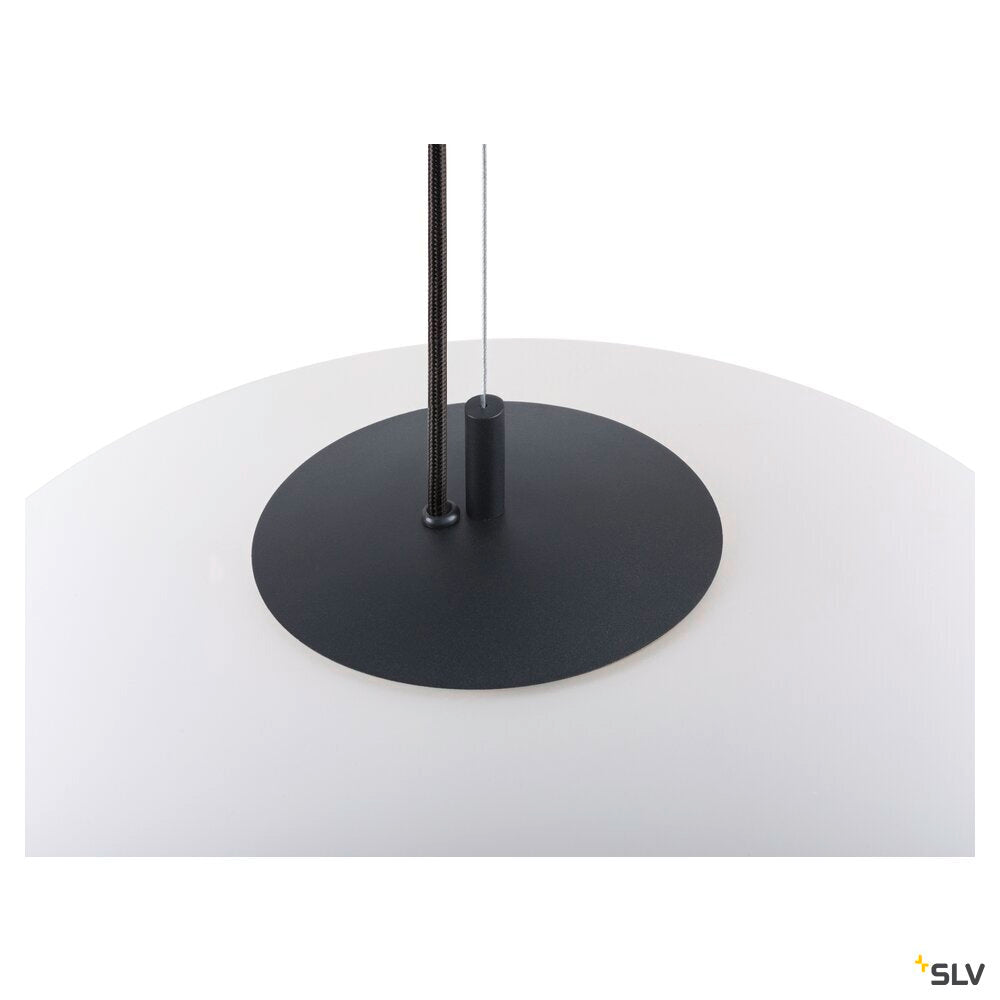 Gros plan sur le raccord central noir et les câbles du luminaire.