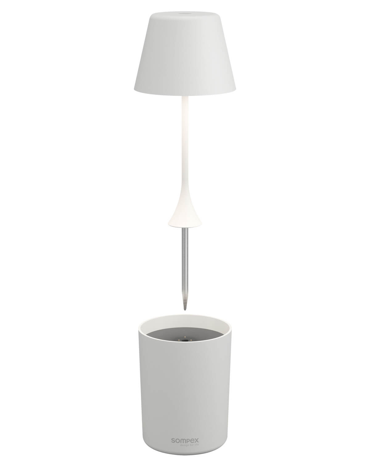 Vue éclatée montrant l'abat-jour, la tige à pointe et le socle cylindrique.