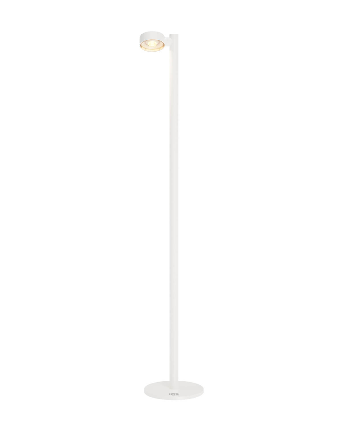 Tête lumineuse ronde éclairée au sommet du mât vertical blanc