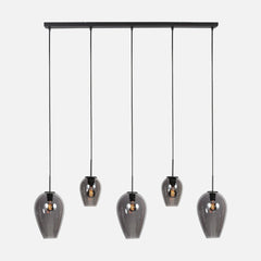 Suspension allongée verre fumé noire, 5 verres sur barre Ø 15 cm | HaloSwap