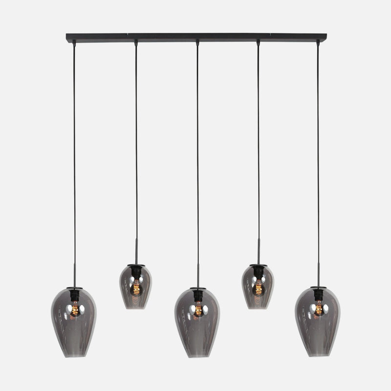 Suspension allongée verre fumé noire, 5 verres sur barre Ø 15 cm | HaloSwap