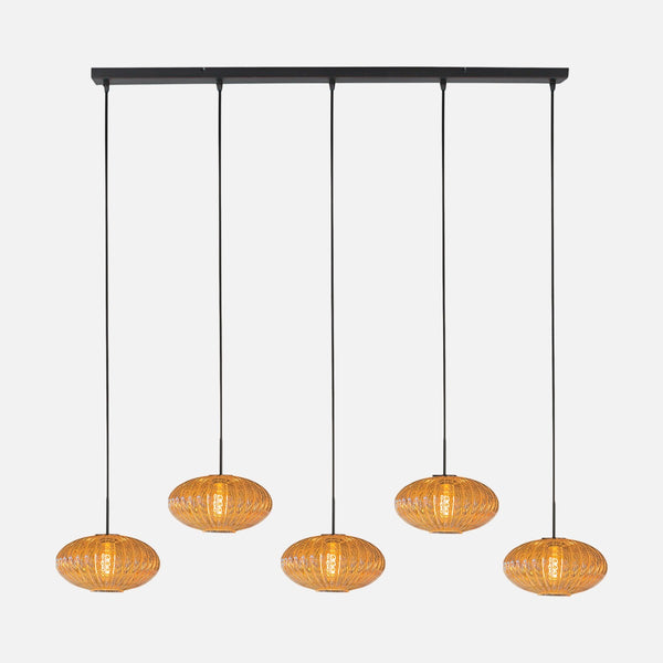 Suspension verre ambré nervuré, 5 verres sur barre 110 cm | HaloSwap