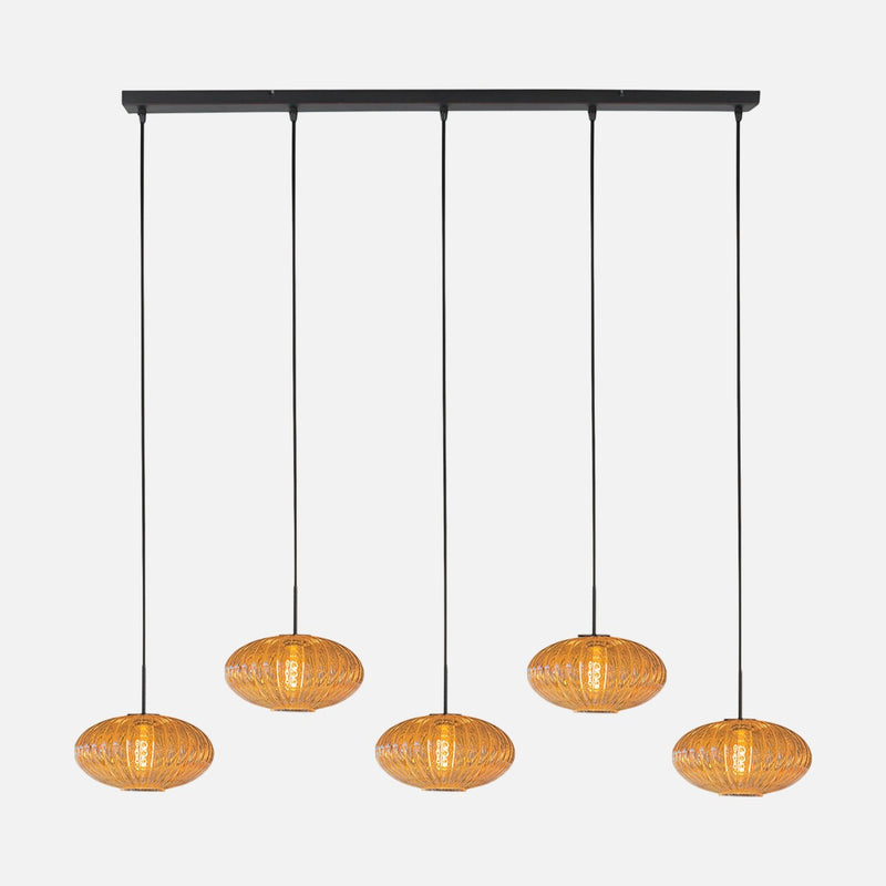 Suspension verre ambré nervuré, 5 verres sur barre 110 cm | HaloSwap
