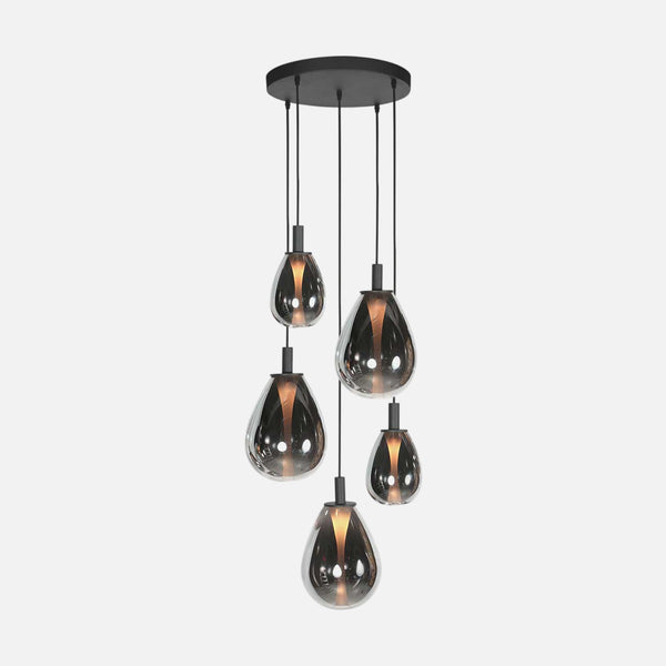 Suspension grappe en verre fumé, 5 feux cascade pour salle à manger | Glimsy