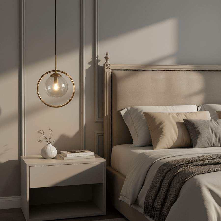 Chambre beige, suspension dorée devant tête de lit moulurée et lumière rasante