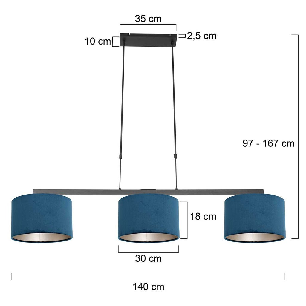 Suspension Noir 3 Lumières Velours Bleu | Taro - Designix Suspension Luminaire