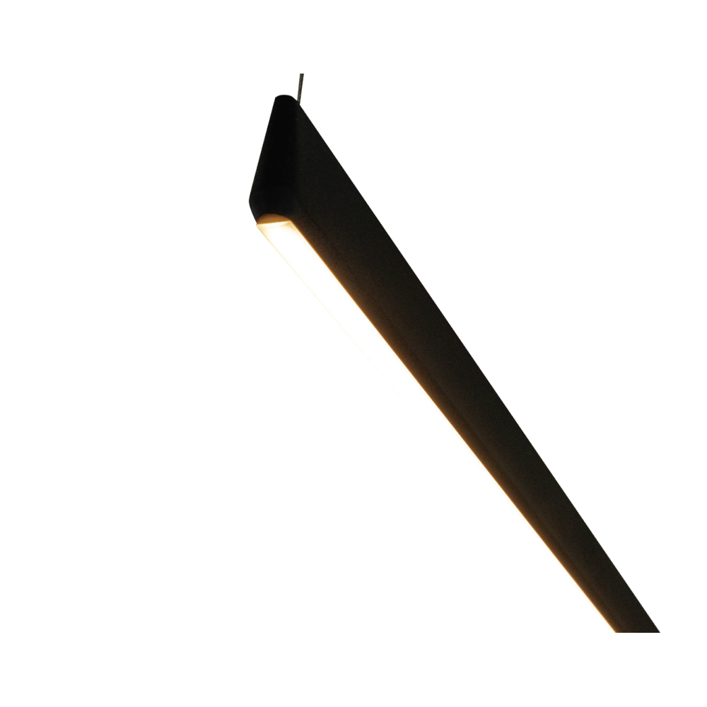 Détail de la finition, diffuseur LED allumé sous le profil noir mat en angle