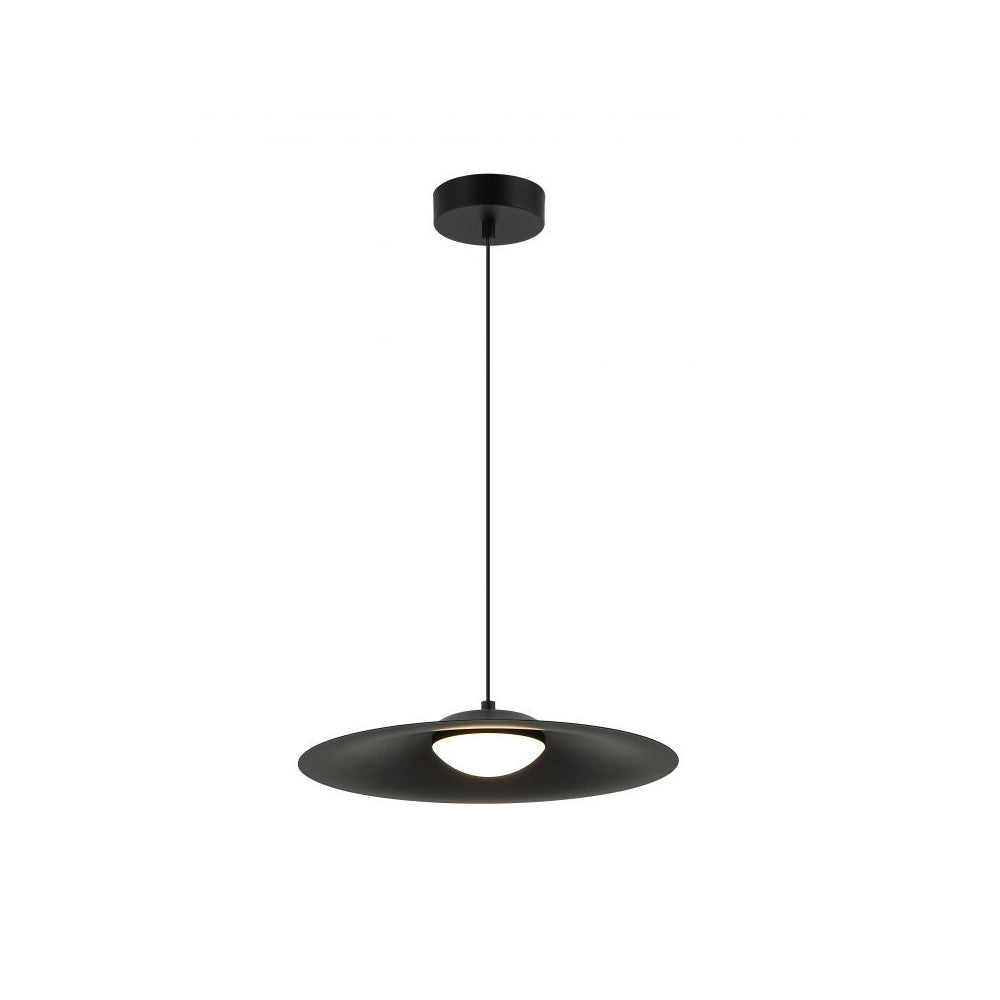 Produit allumé montrant le diffuseur blanc central sous l'abat-jour conique noir