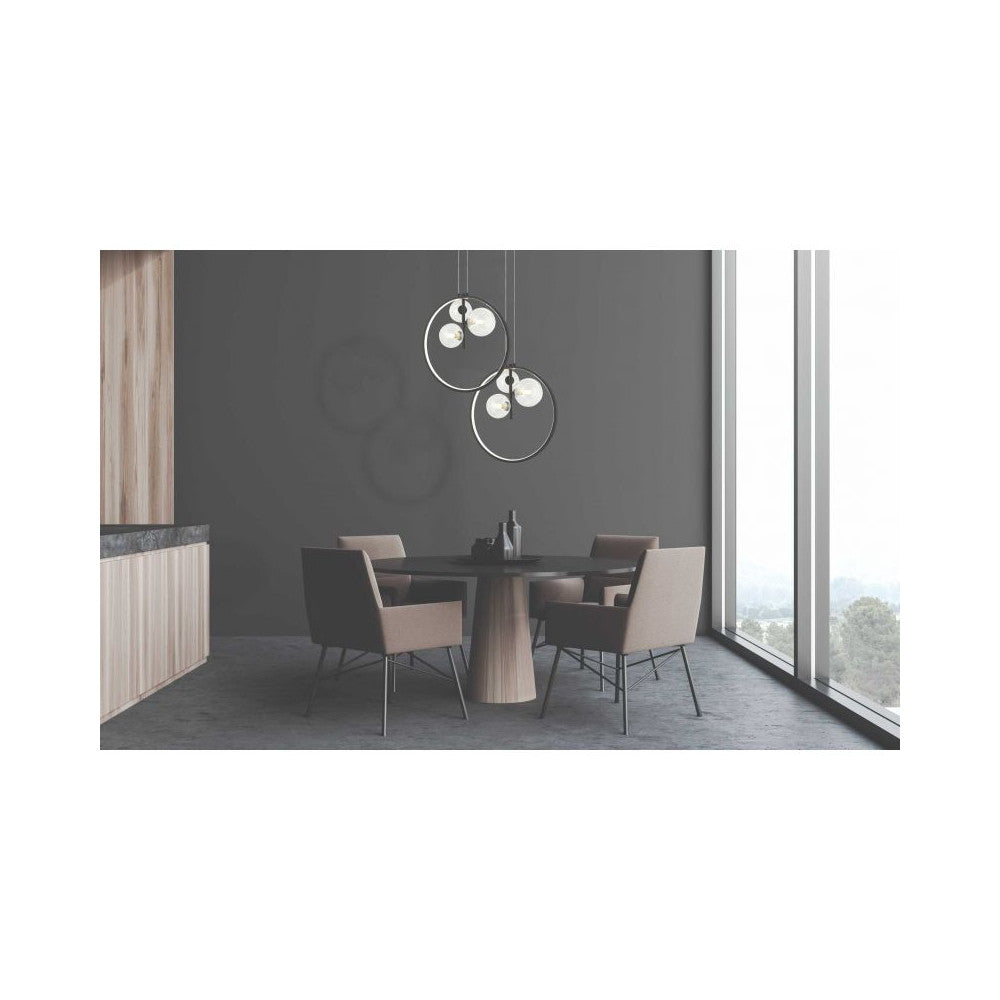 Mise en ambiance au-dessus d'une table ronde dans une salle a manger moderne.