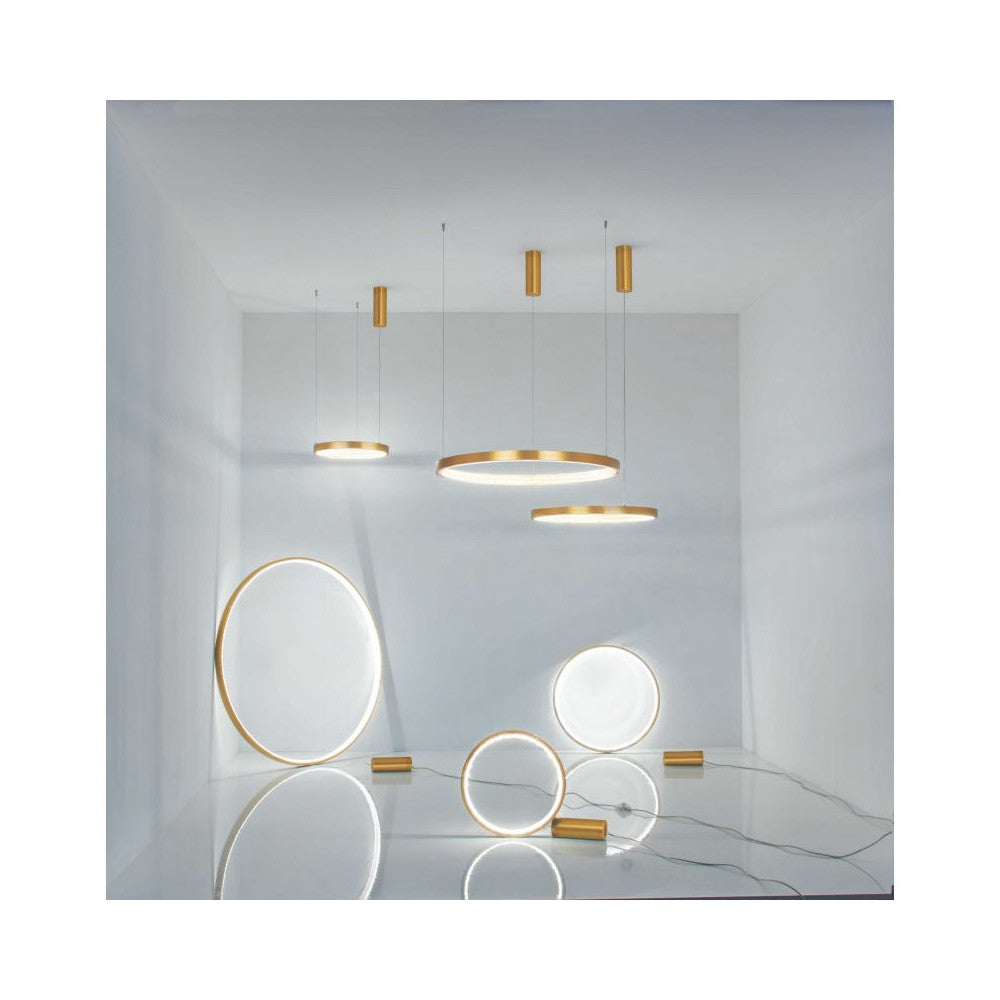 Présentation de plusieurs anneaux lumineux suspendus de diamètres différents sur fond clair