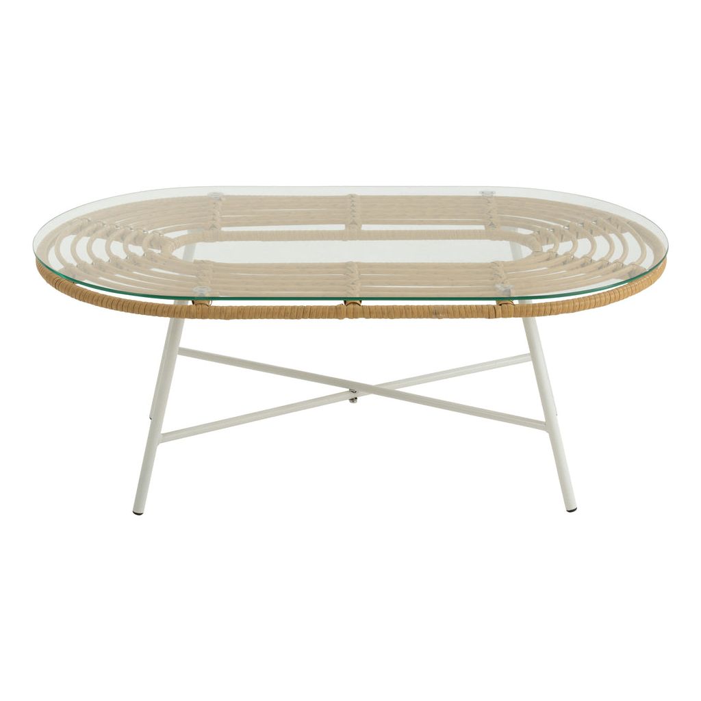 Table Basse Ovale Extérieure Métal/Verre Naturel/Blanc | Designix -     - https://designix.fr