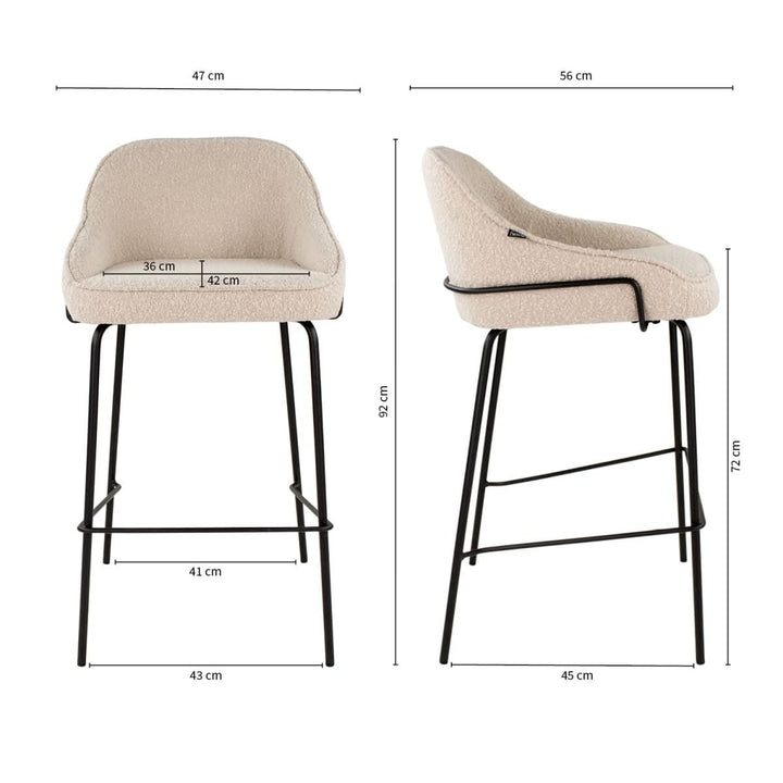 Tabouret De Bar Bouclé Beige Avec Dossier Et Repose Pied Métal Noir | KARA - Designix