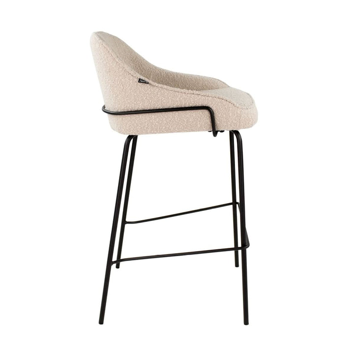 Tabouret De Bar Bouclé Beige Avec Dossier Et Repose Pied Métal Noir | KARA - Designix