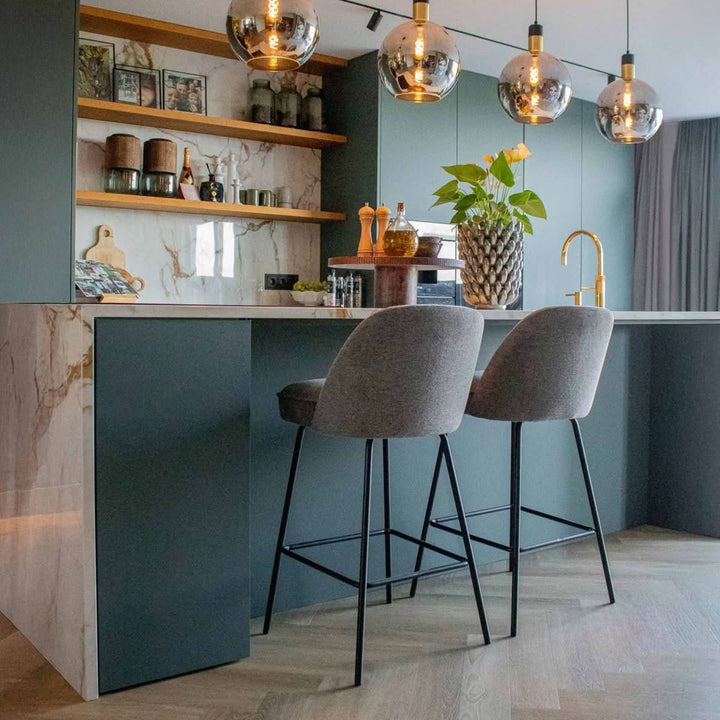 Tabouret de Bar Gris avec Dossier Rond Rembourré Base Métal Noire | LUXA - Designix