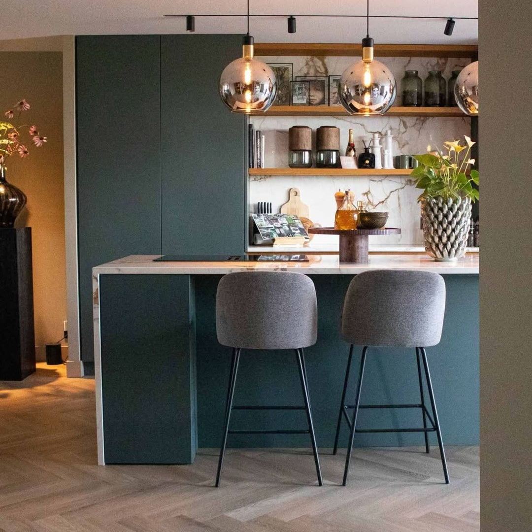Tabouret de Bar Luxe Rembourré Tissu Texturé Métal Noir Champagne | NOVA - Designix