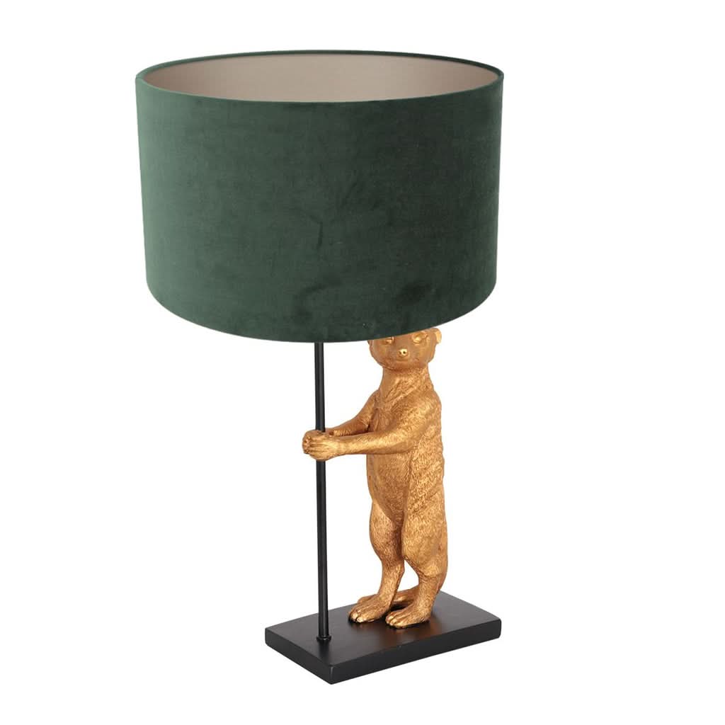 Vue de trois quarts du luminaire, abat-jour cylindrique vert et animal doré sur socle noir.