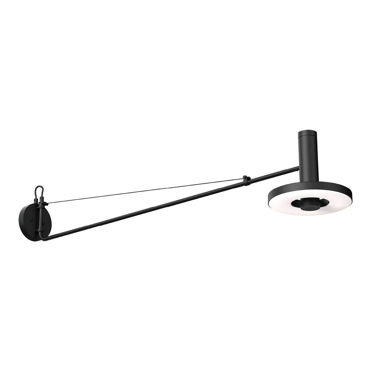 Vue de dessous du luminaire mural noir, bras tendu et diffuseur LED allumé.
