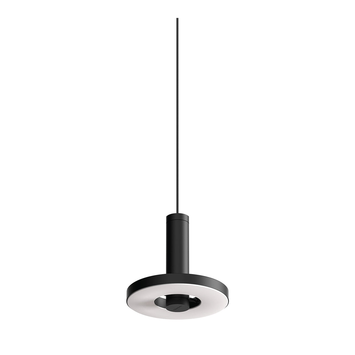 Détail du disque lumineux blanc et du corps cylindrique noir mat vu de dessous