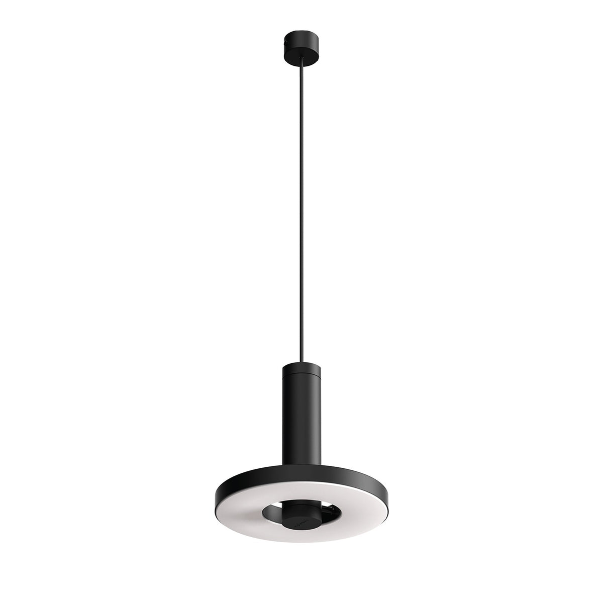 Vue de face du luminaire suspendu noir, diffuseur rond et fixation plafond