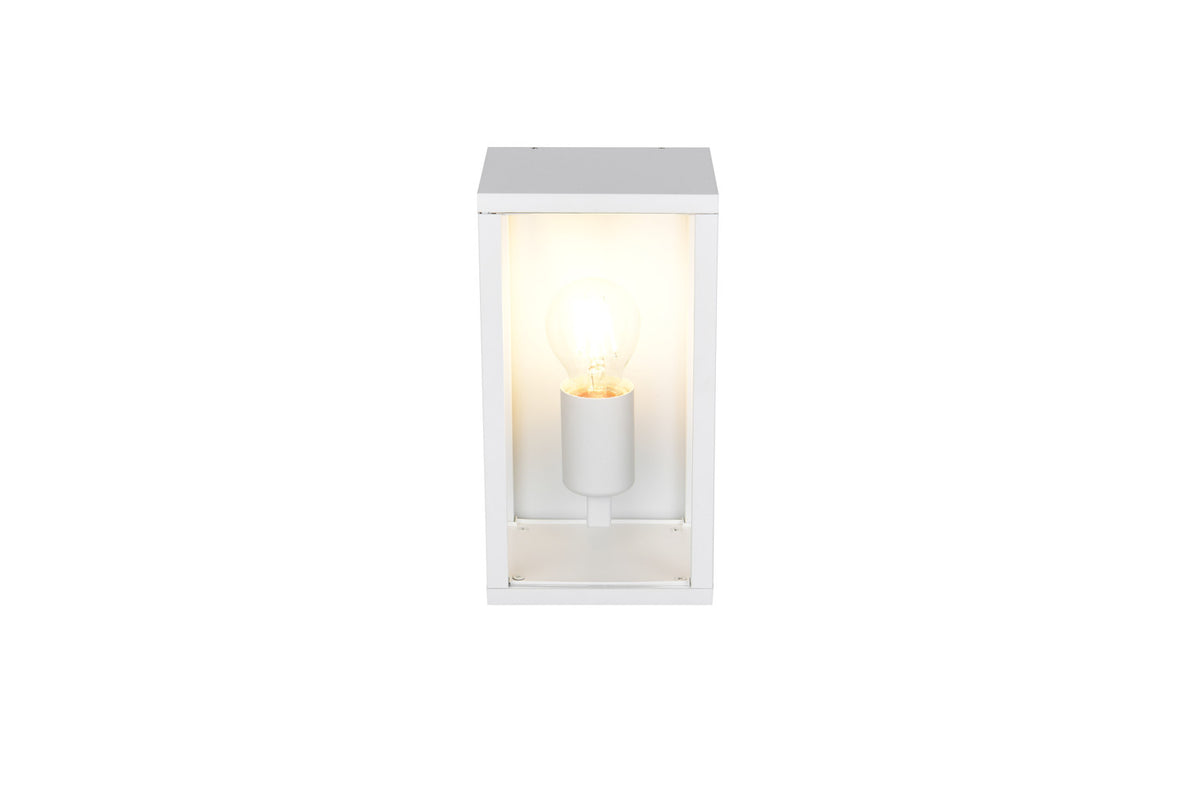 Vue en contre-plongée du luminaire vertical blanc, ampoule visible de face