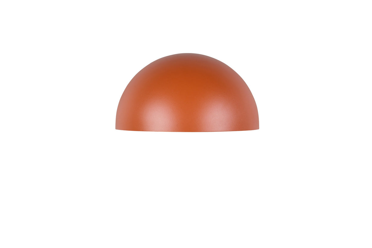 Vue frontale du luminaire éteint, coque orange bombée sur fond blanc.