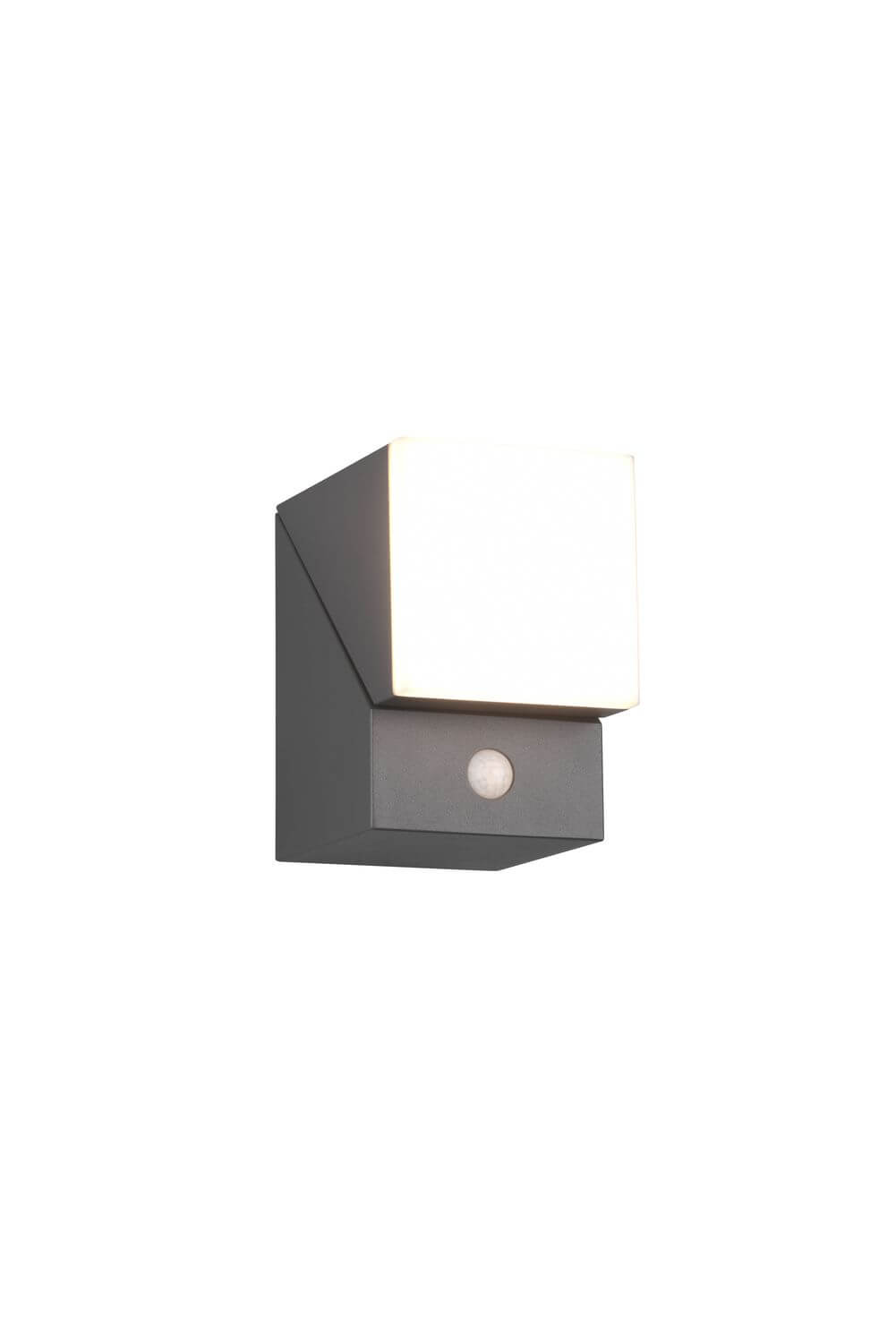 Luminaire mural anthracite avec diffuseur blanc allumé et détecteur de mouvement.