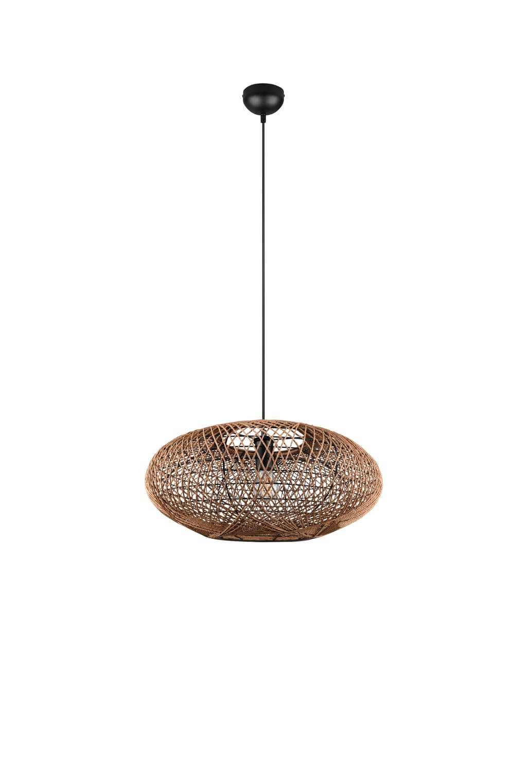 Troisième vue complète du luminaire suspendu, rosace noire, câble fin et panier en rotin.