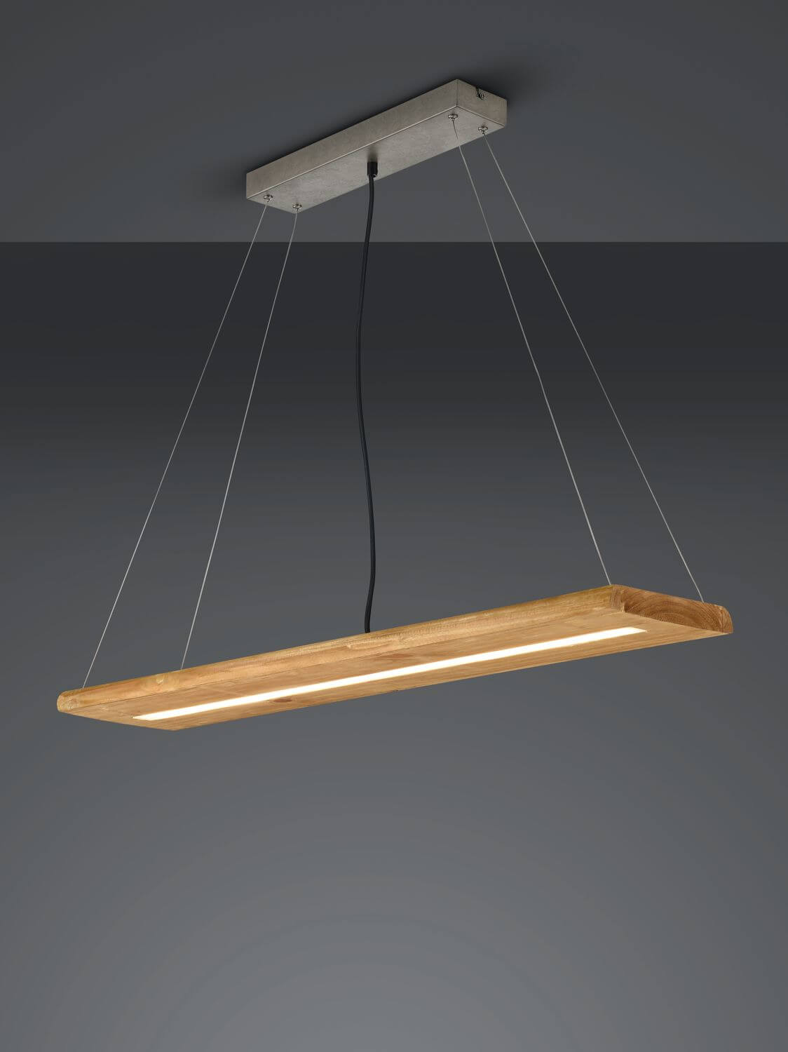 Luminaire seul sur fond gris, vue de dessous montrant la structure et les câbles.