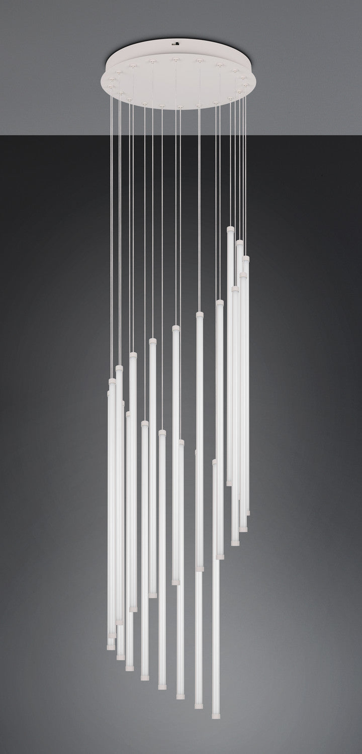 Luminaire suspendu contemporain aux multiples tubes LED blancs éclairant une pièce sombre.