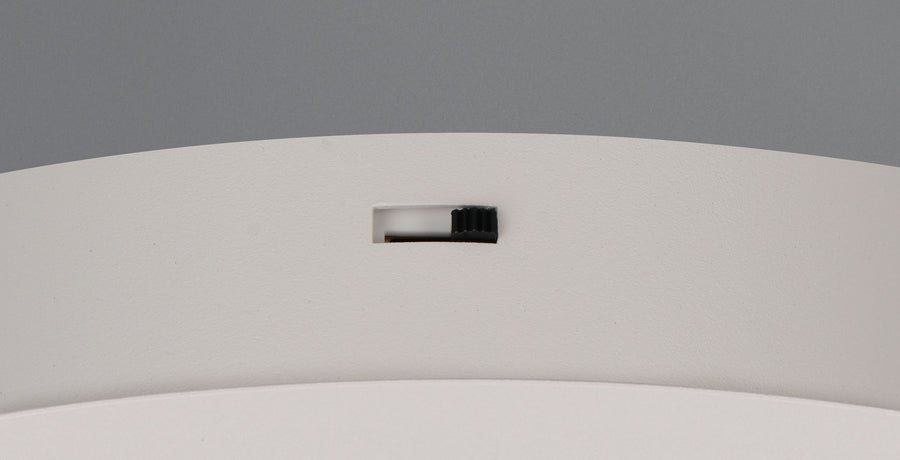Détail du socle rond blanc sur fond gris, avec un interrupteur noir encastré.