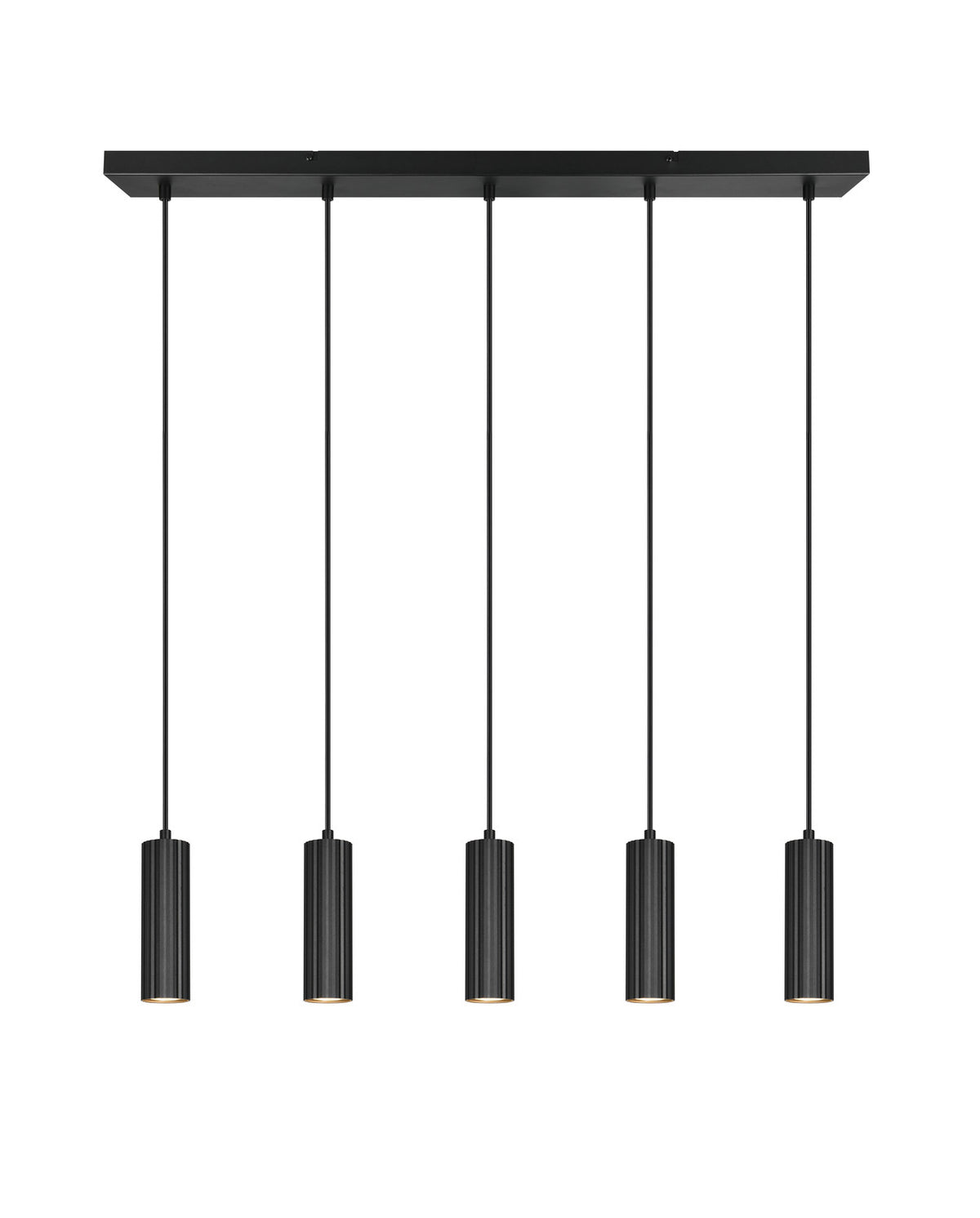 Vue frontale avec support rectangulaire et cinq suspensions cylindriques noires alignées.
