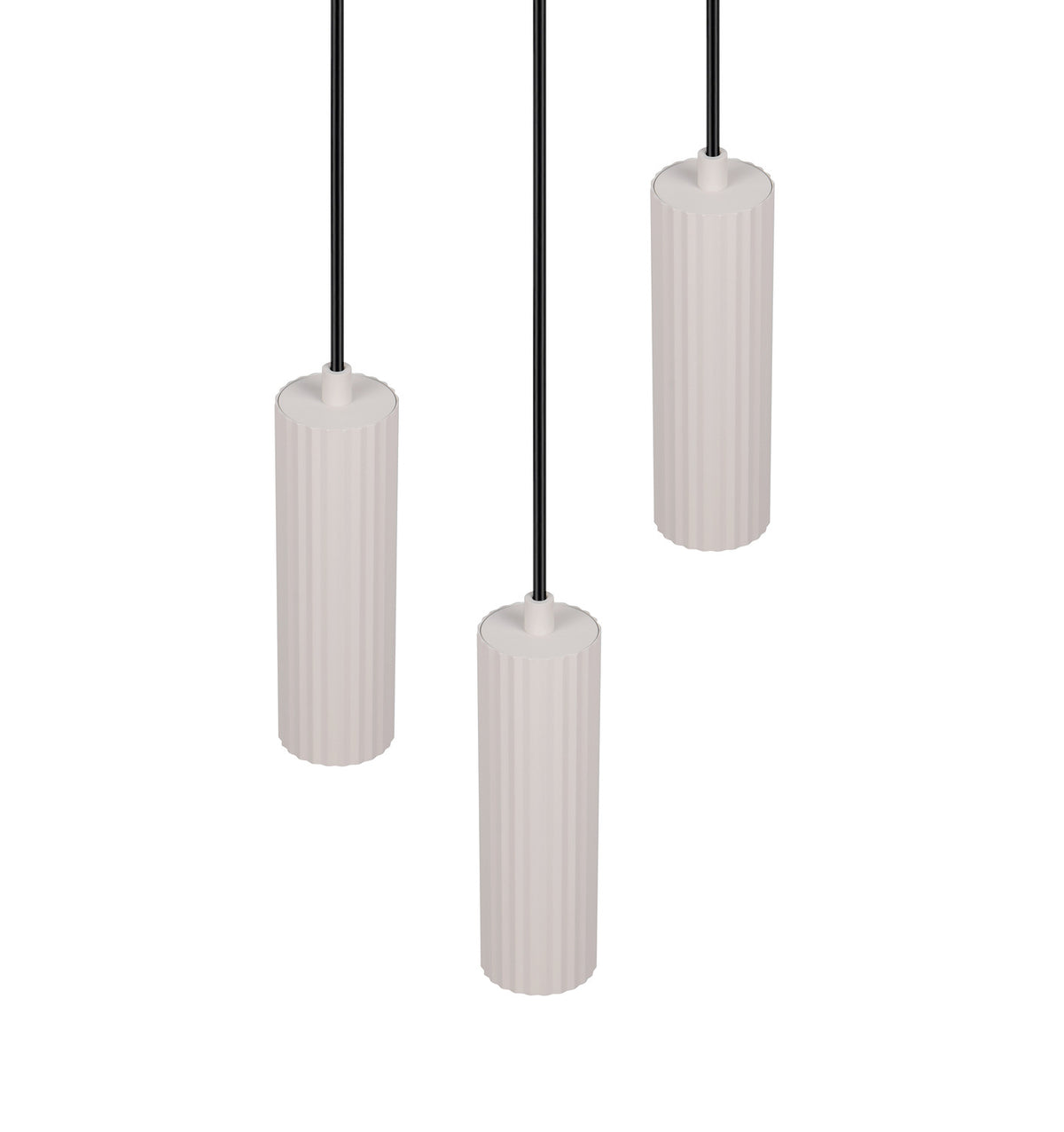 Vue rapprochée des cylindres blancs suspendus par des câbles noirs.