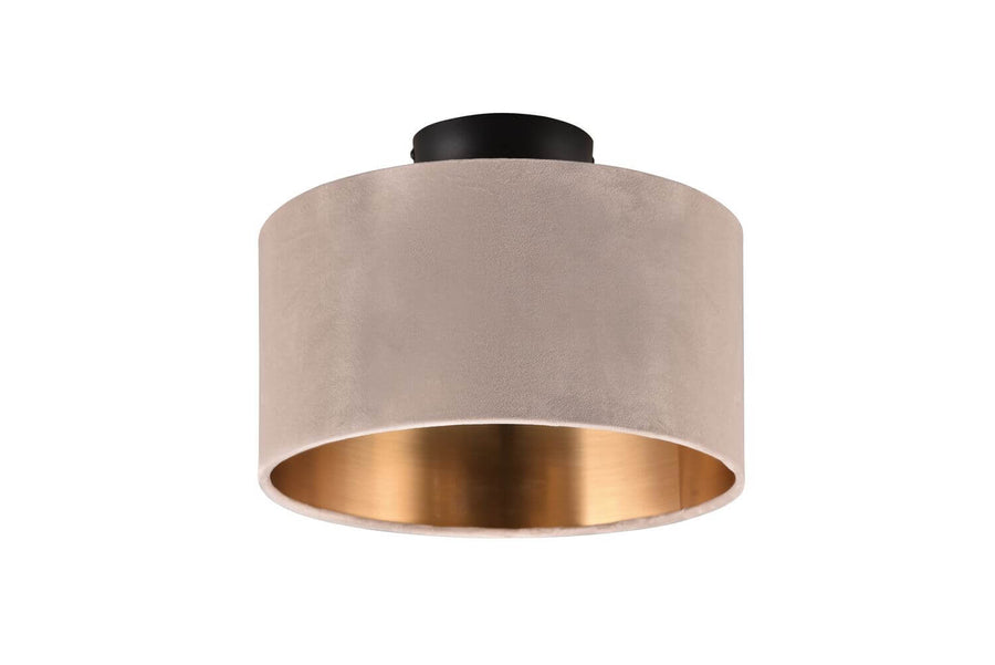Autre vue de face, abat-jour cylindrique beige à intérieur cuivré brillant