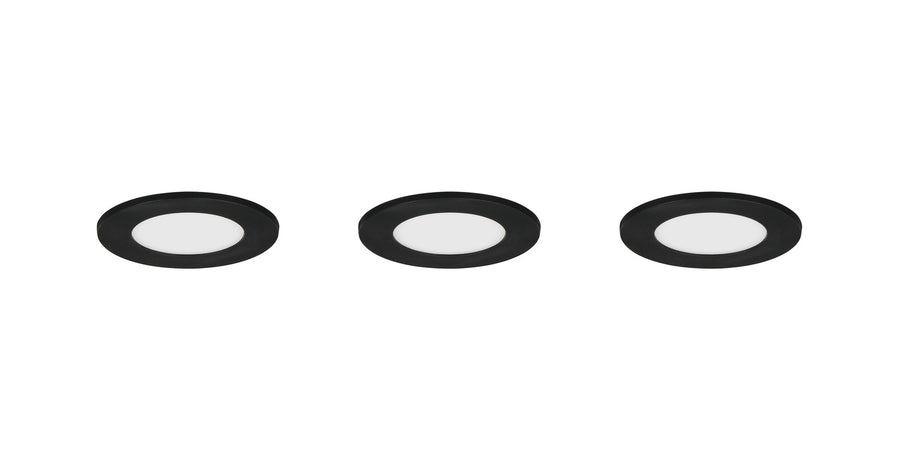 Trois spots encastrables noirs éteints, collerette ronde et diffuseur blanc translucide