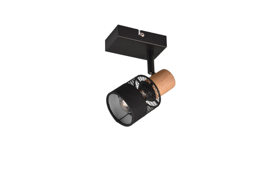 Spot plafond noir mat orientable, allumé, avec support rectangulaire et bras articulé.