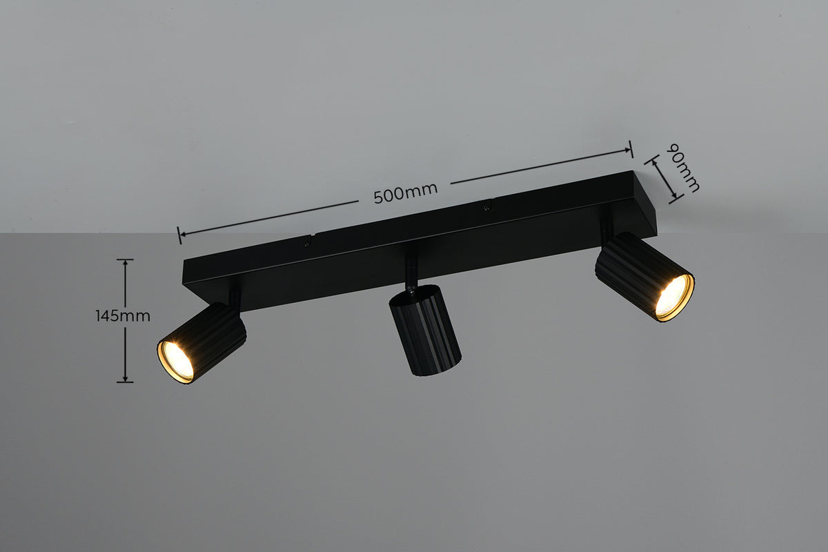 Schéma coté du spot plafond : 500 mm large, 90 mm profondeur, 145 mm hauteur.