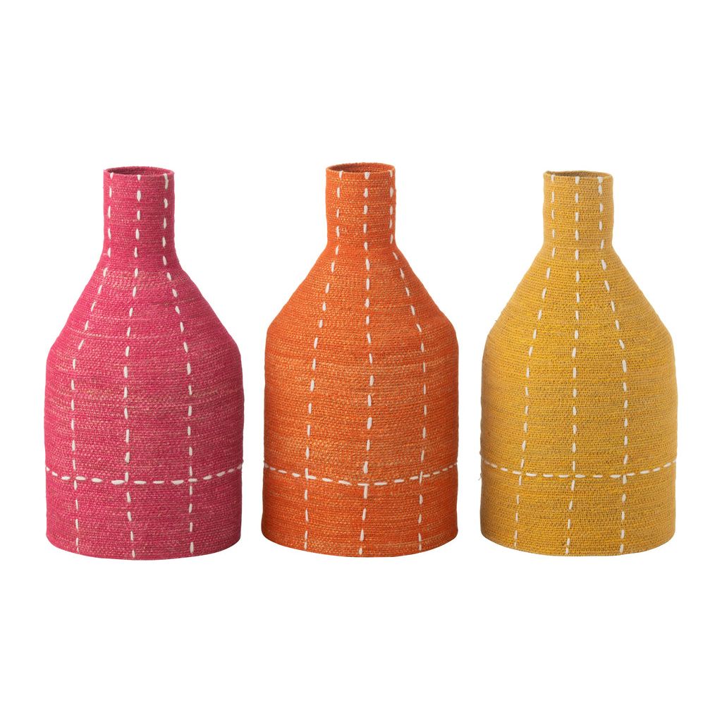 Vase Bouteille à Rayures Pointillées en Jonc Rose/Orange/Jaune Assortiment de 3 | Designix -     - https://designix.fr